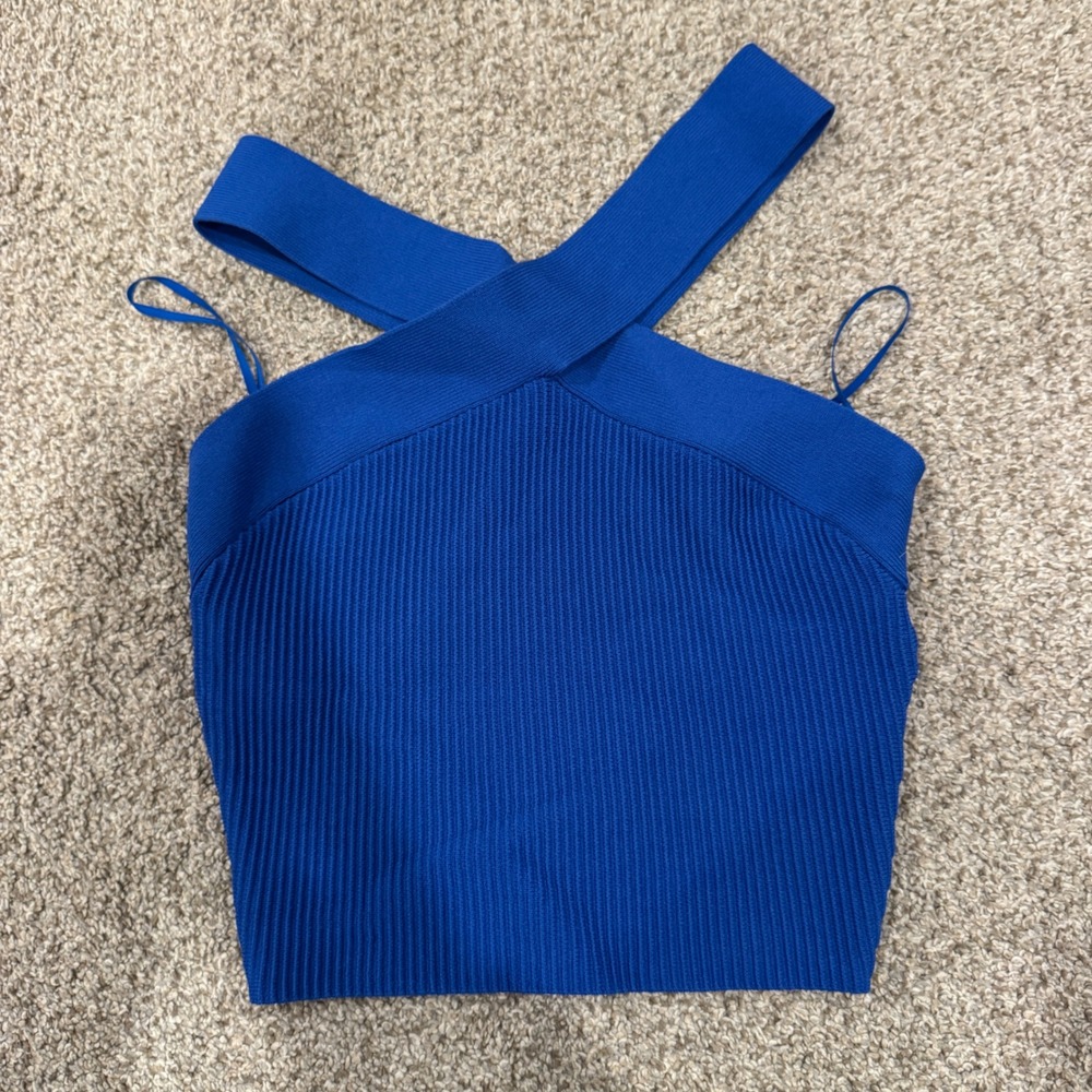 Babaton Aritzia Sculpt Knit Criss Cross Halter Crop Top Royal Blue XS